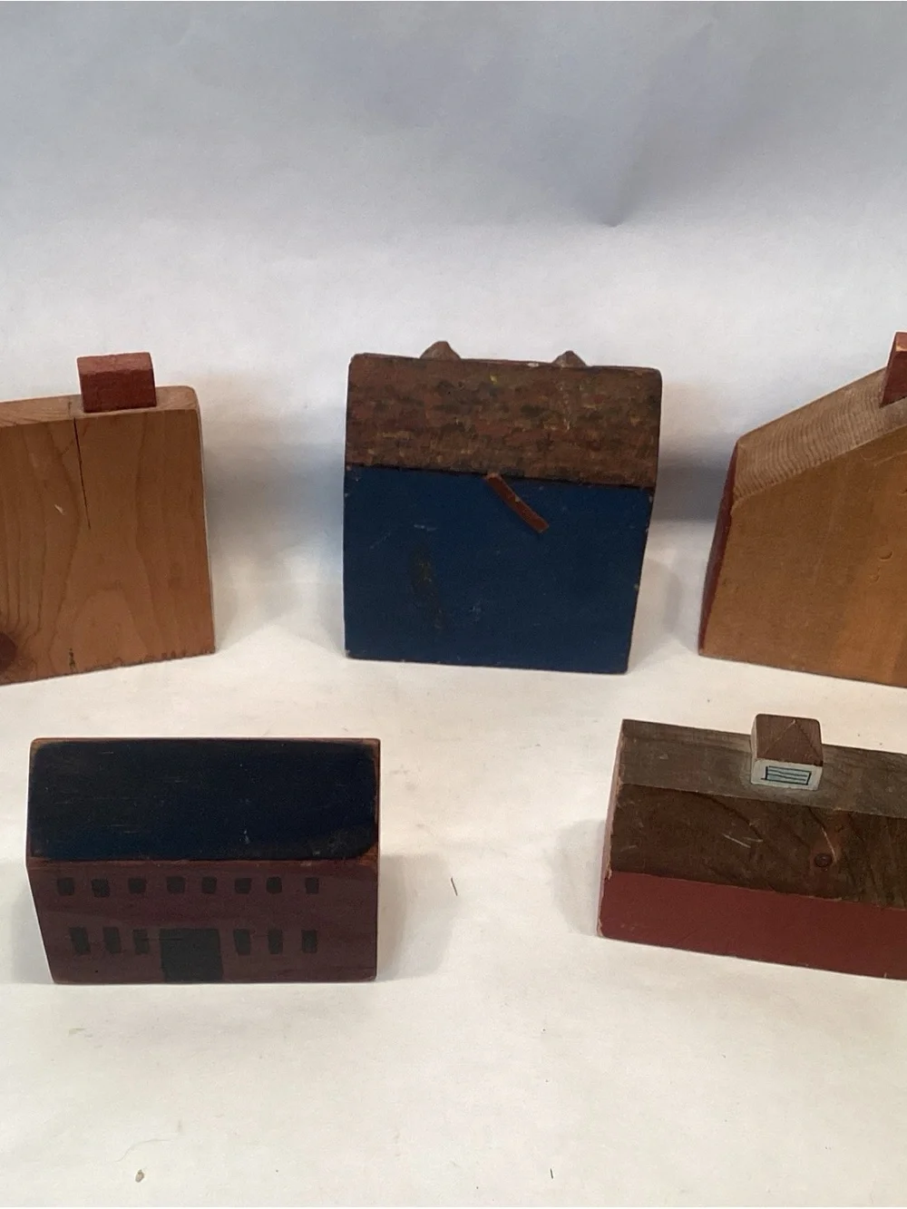 Primitive Folk Art Wood Block Village Houses School Barn Set 5 Of Handmade - Picture 3 of 5